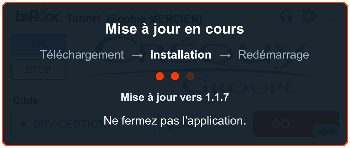 Écran de mise à jour automatique de l'application.