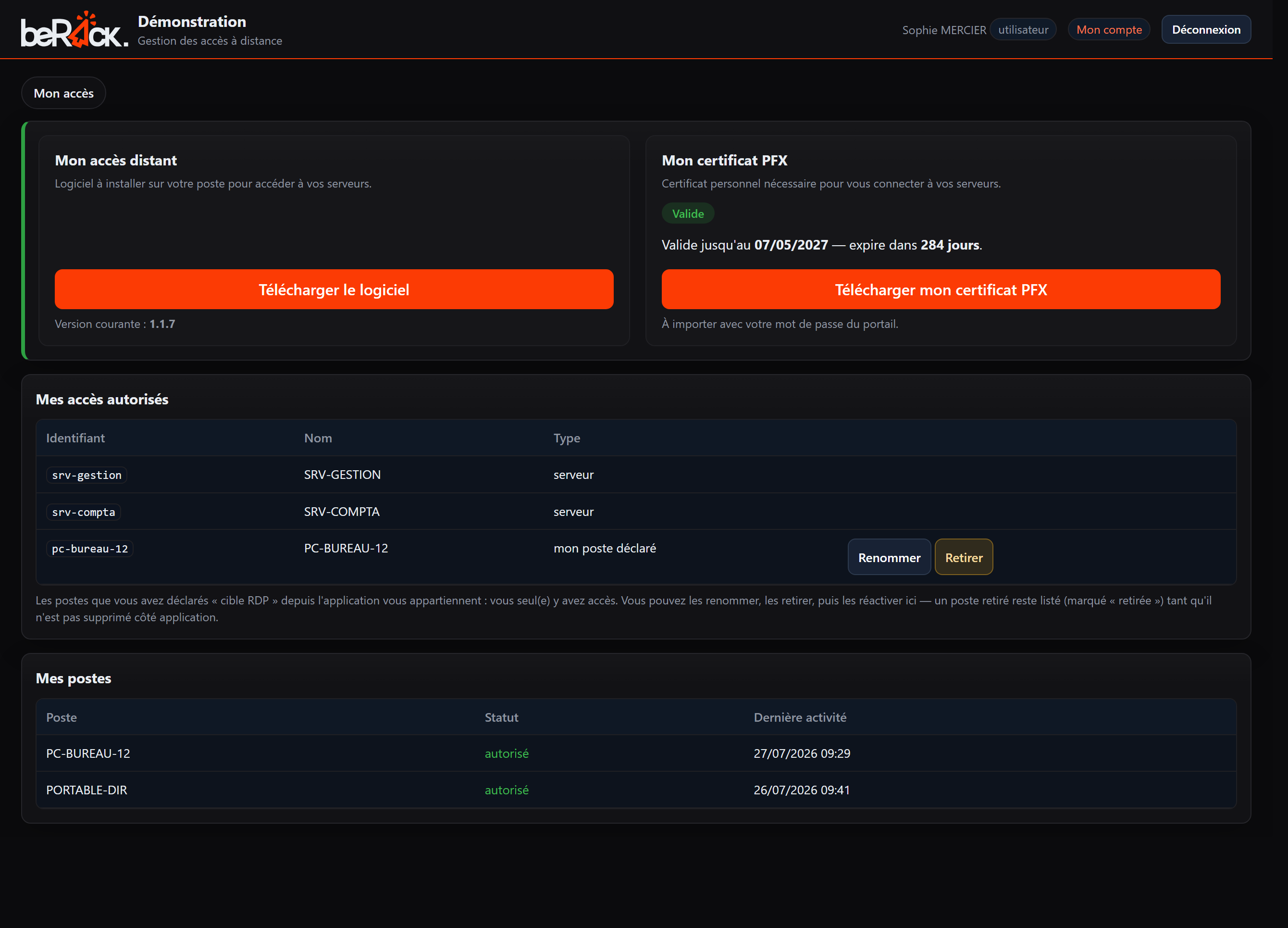 Espace en ligne de l'utilisateur : téléchargement du logiciel et de sa clé, liste de ses accès et de ses postes.