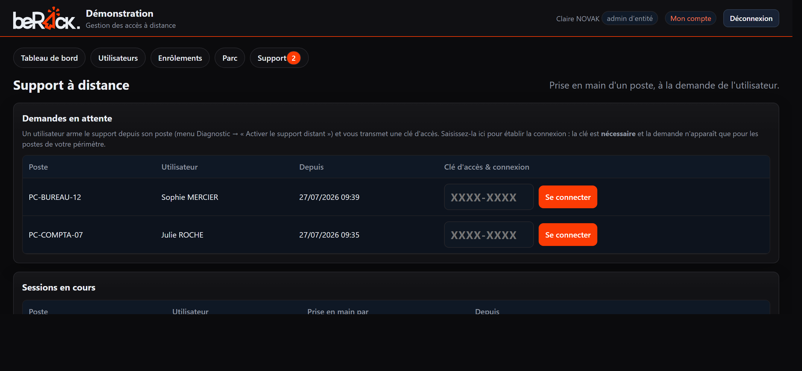 Page Support de l'espace client : demandes en attente, saisie de la clé, sessions en cours.